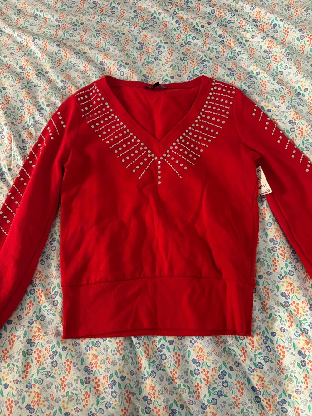 INC International Concepts Red V-Neck Sweater with Silver Stud Accents